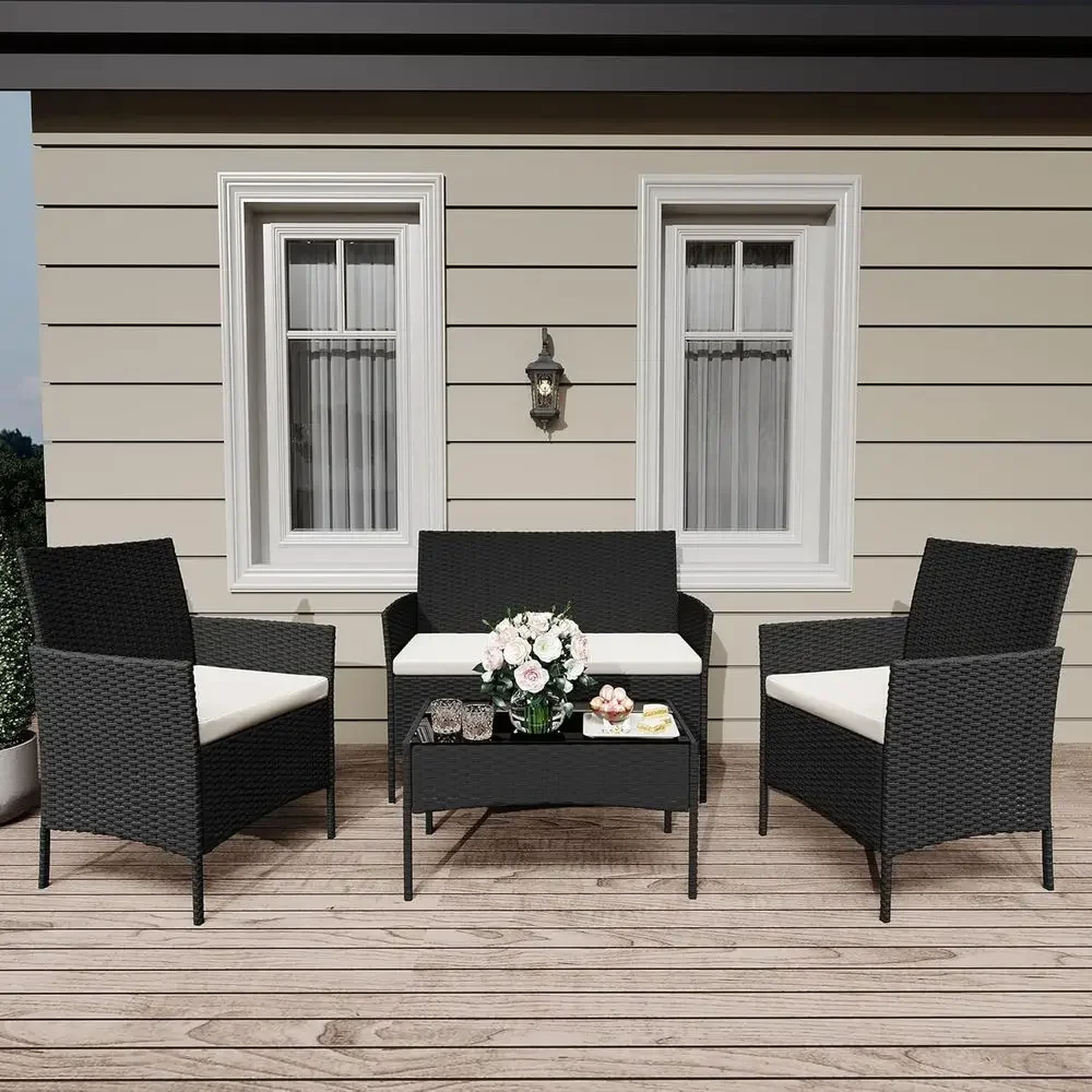 Outdoor Furniture Loveseat - Set Furnitur Patio Rotan 4-Potong dengan